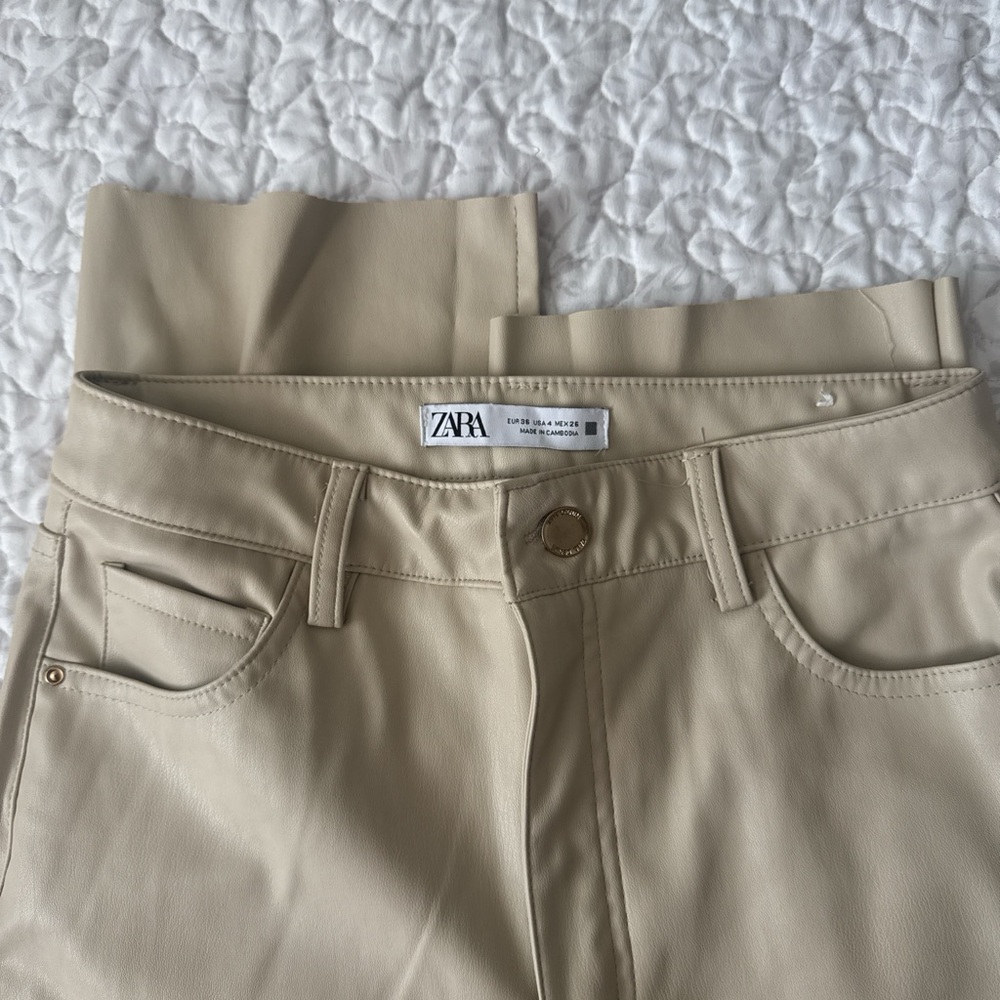 Zara Beige Faux Leather Trousers with Gold Button